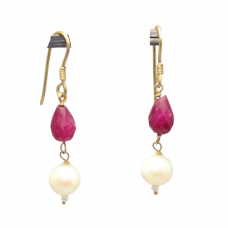 Dangle Drop Earrings Real 14K (585) Yellow Gold Natural Ruby Briolette & Freshwater Pearl Gem Stone Handmade Gift Women E336